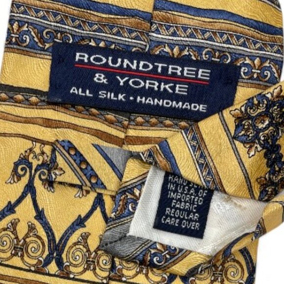 Roundtree & Yorke Silk Tie Baroque Gold Blue Ornate Handmade - Picture 4 of 6